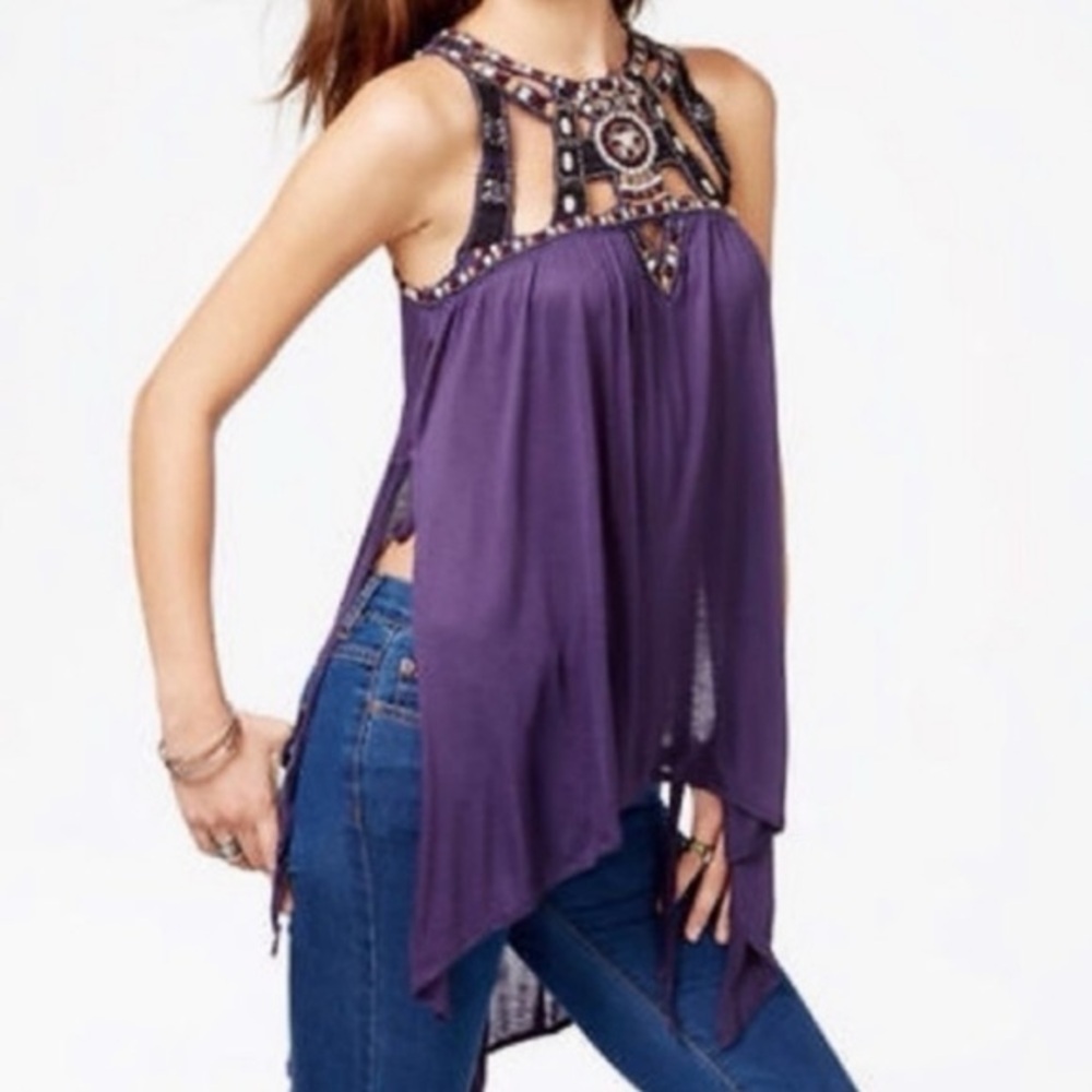 Free‎ People Purple Beaded Cutout Boho Knit Tunic Top S Festival Side Slits Ties